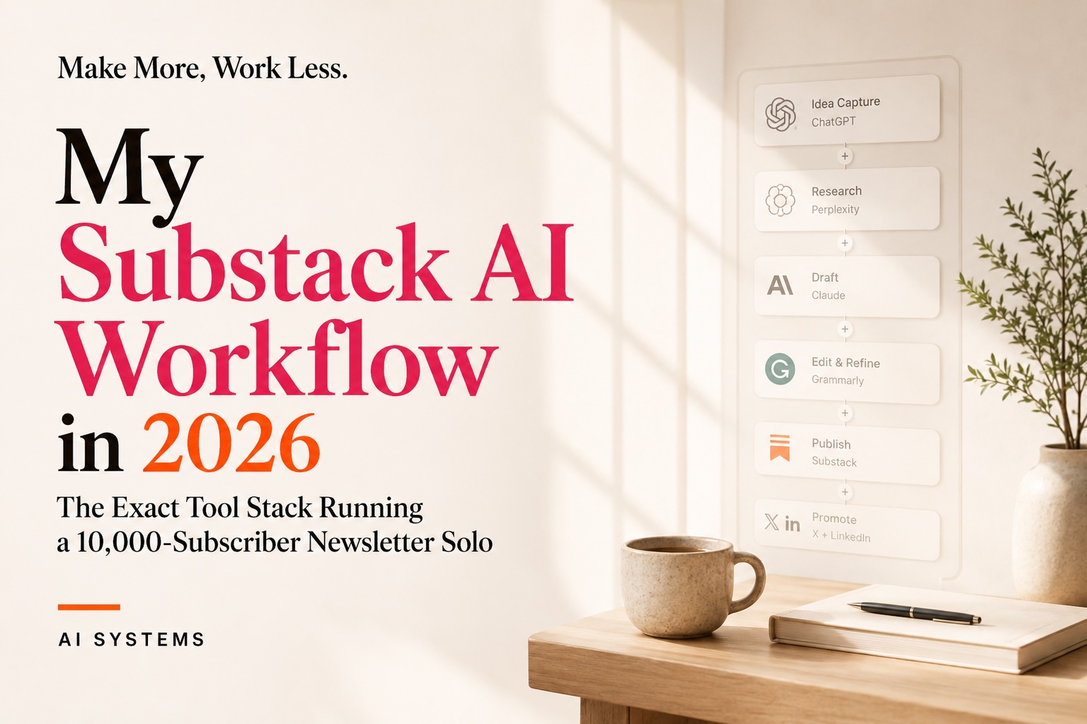 Title graphic reading "My Substack AI Workflow in 2026: The Exact Tool Stack Running a 10,000-Subscriber Newsletter Solo," next to a diagram showing a six-step AI workflow.