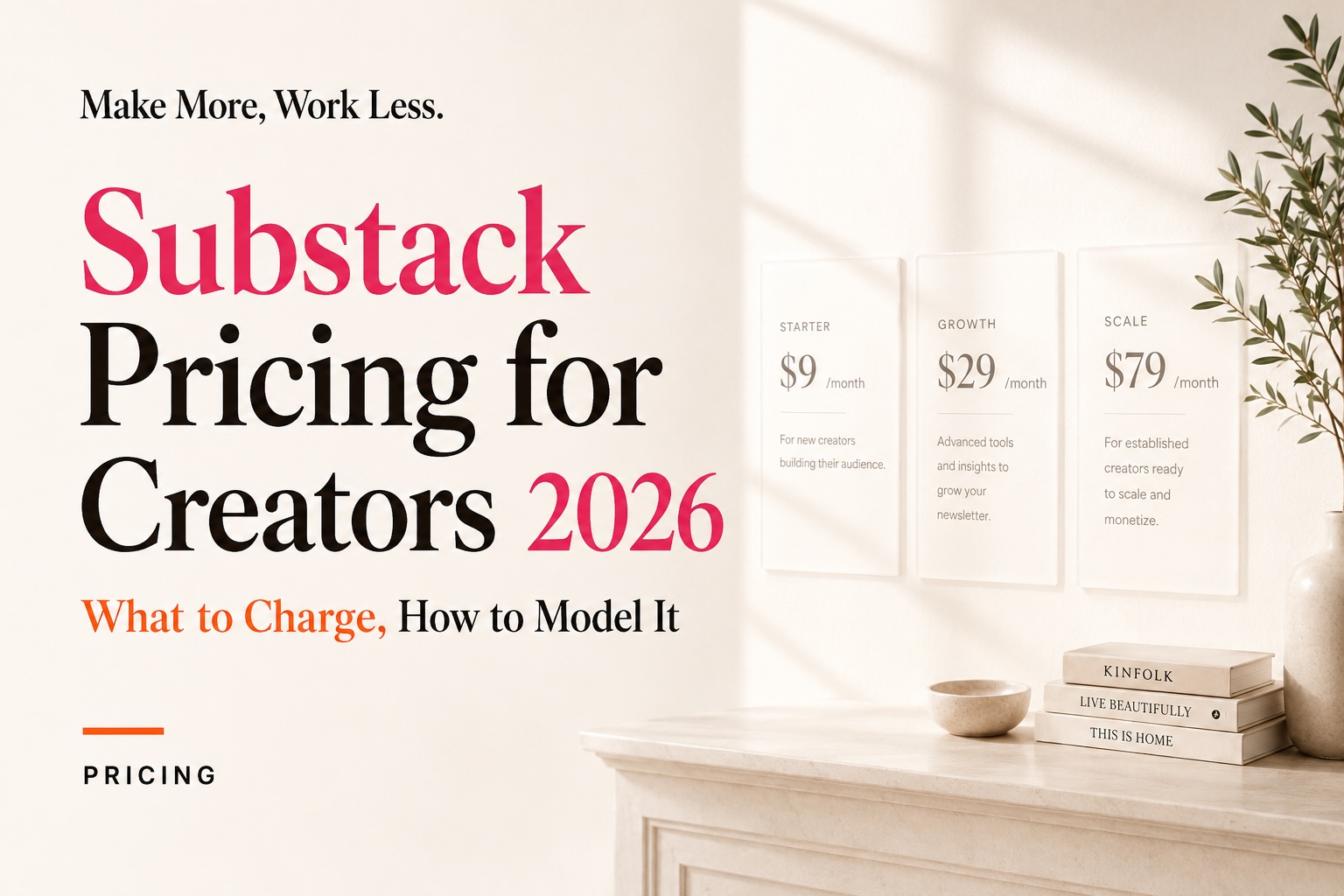 Title graphic reading "Substack Pricing for Creators 2026: What to Charge, How to Model It" next to three pricing tier frames.
