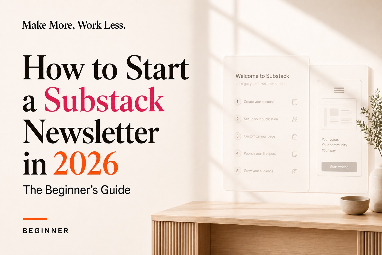 Title graphic reading "How to Start a Substack Newsletter in 2026: The Beginner's Guide" next to a checklist for setting up a new publication.