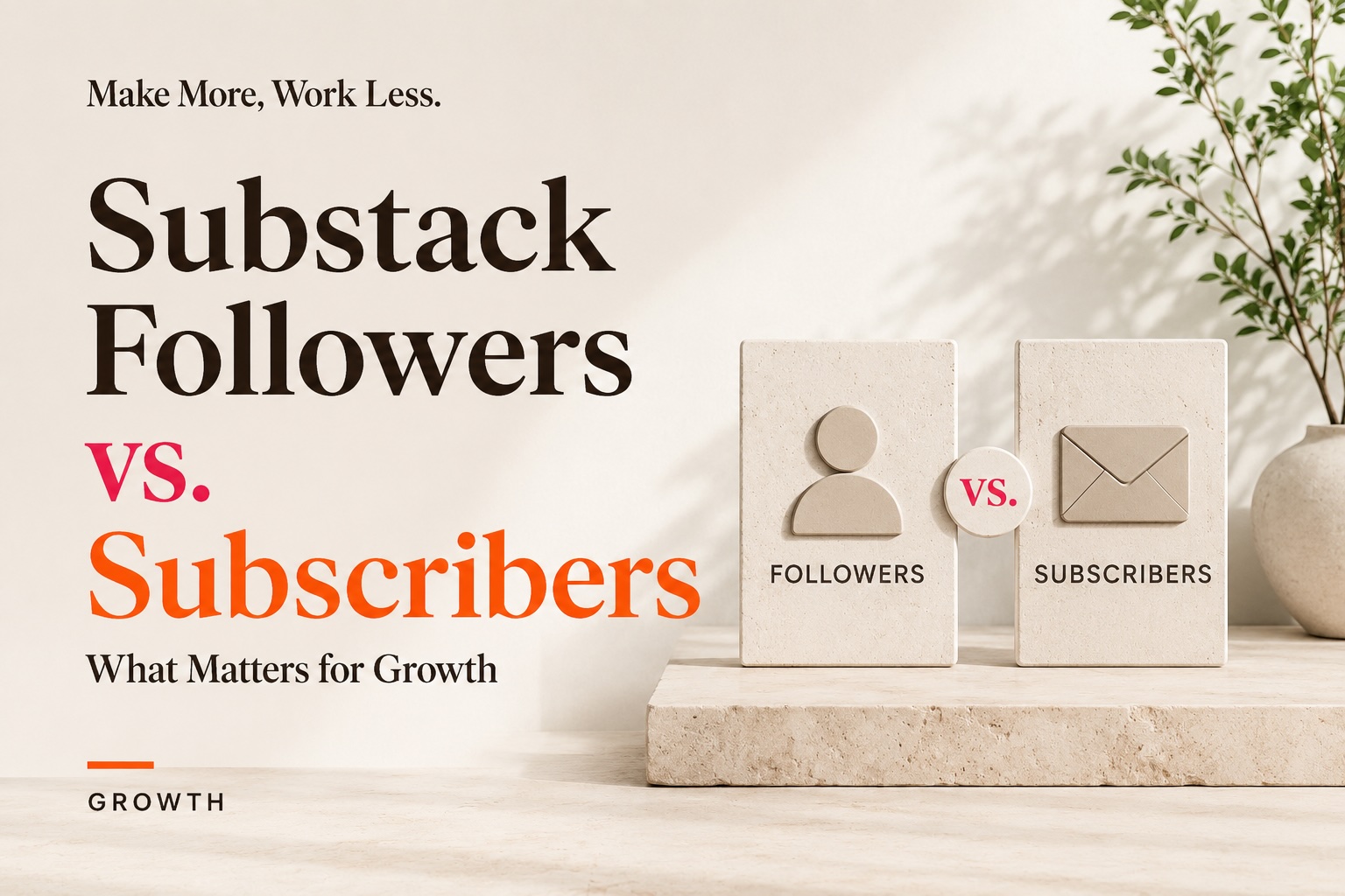 Graphic titled "Substack Followers vs. Subscribers: What Matters for Growth" showing two stone tiles side by side, one with a person icon labeled Followers and one with an envelope icon labeled Subscribers.