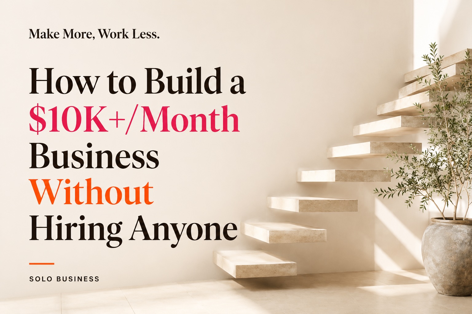 Graphic titled "How to Build a $10K+/Month Business Without Hiring Anyone" with a floating staircase and potted olive tree in the background.