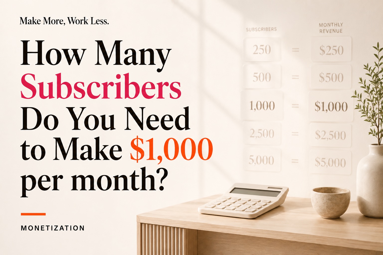 Graphic titled "How Many Subscribers Do You Need to Make $1,000 per month?" showing a subscriber-to-revenue breakdown: 250 subs equals $250, 500 equals $500, 1,000 equals $1,000, 2,500 equals $2,500, and 5,000 equals $5,000.
