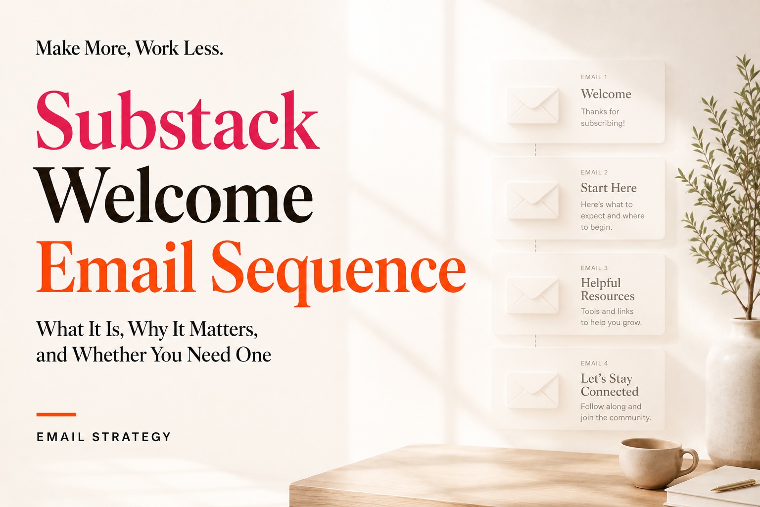 Title graphic reading "Substack Welcome Email Sequence" next to a 4-step email flow diagram on a minimalist desk background.