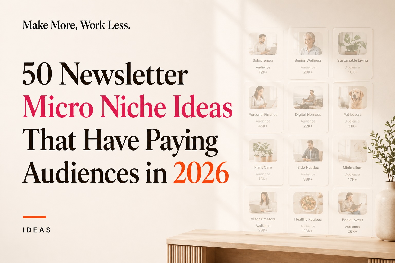Title graphic reading "50 Newsletter Micro Niche Ideas That Have Paying Audiences in 2026" next to a display of niche examples like Solopreneur, Sustainable Living, and Digital Nomads.
