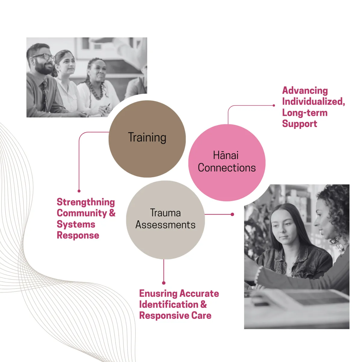 decorative graphic that includes 4 circles with the words Training, Curriculum, Hotline, and Hanai to display four things Establish tries to focus on. The image also includes two separate images of stock people talking and listening.