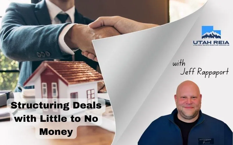 Jeff Rappaport teaching creative real estate strategies during Utah REIA's Creative Investor Meetup with icons of real estate niches and contract visuals