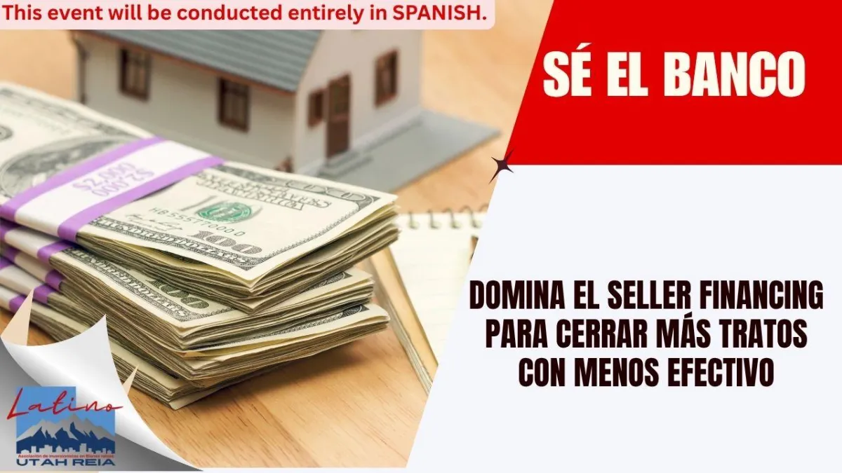 Inversionista cerrando un trato inmobiliario financiado por el vendedor sin un banco, con un cartel de "Vendido" frente a la casa.