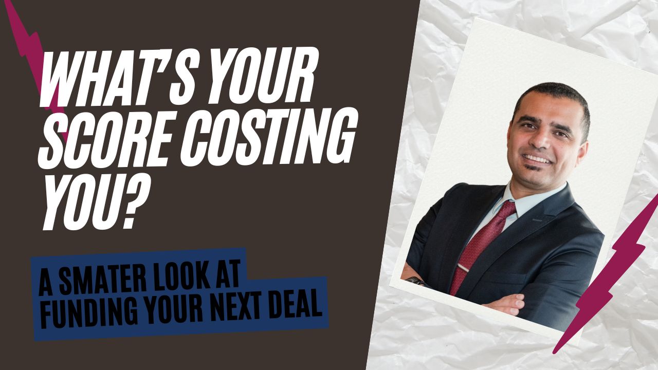 Real estate investor reviewing financing paperwork, calculator, laptop, and credit score information while analyzing an investment deal.