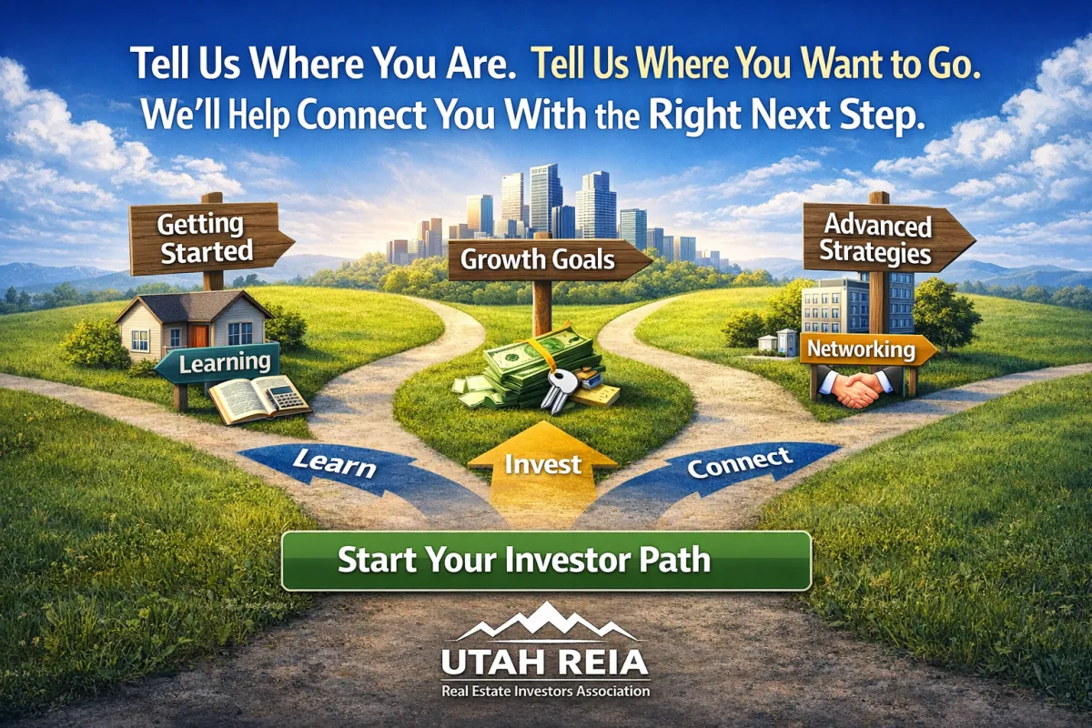 Real estate investor success path illustration showing learning, growth goals, networking, and advanced investing strategies.