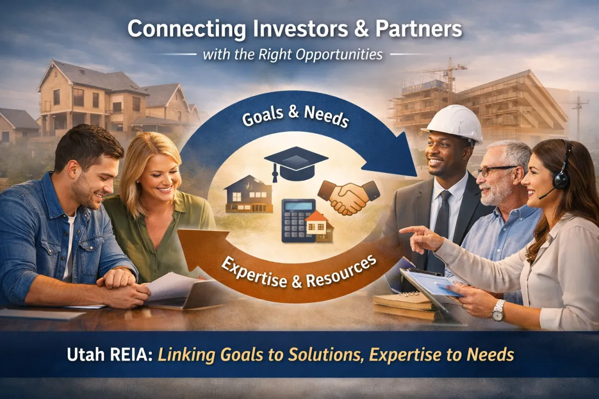 Illustration showing Utah REIA connecting real estate investors with service providers, partners, education, tools, and investing resources based on goals and needs.