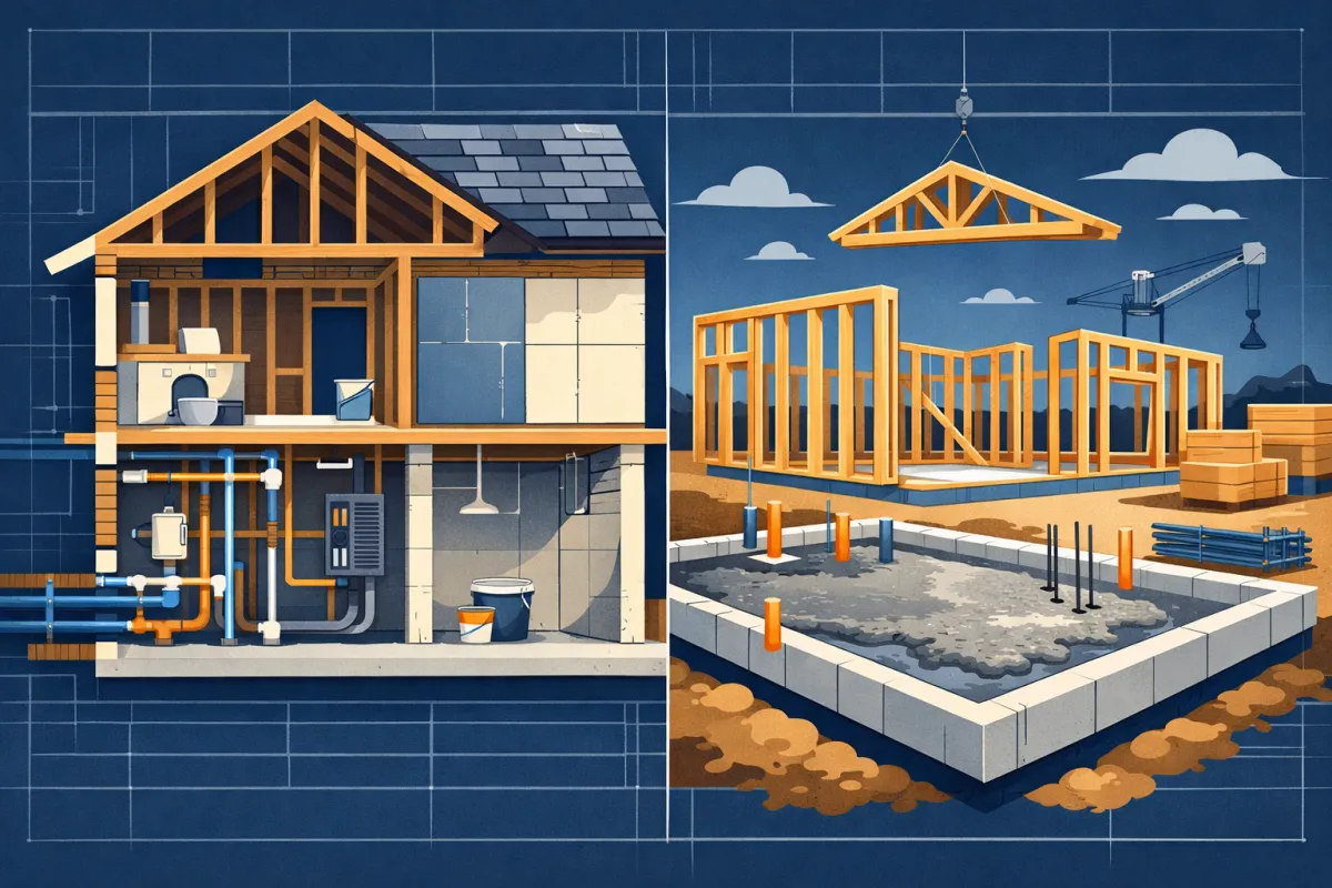 Split illustration showing home renovation cutaway with plumbing and framing on the left, and new residential construction with foundation and framing on the right, representing cost estimation for real estate investors.