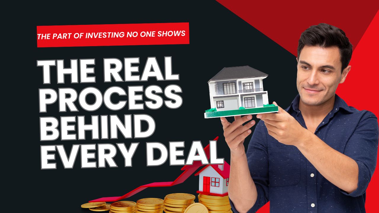 Real estate investor analyzing deal structure, funding strategy, and property numbers at a desk with documents and laptop