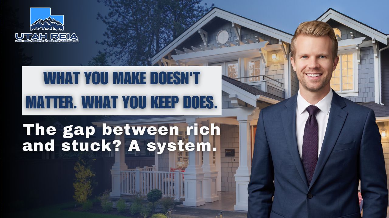 Sam Jones, CFP, presenting the Three Pillars wealth framework for real estate investors at a Utah REIA event, covering income growth, cashflow systems, and after-tax return strategies."