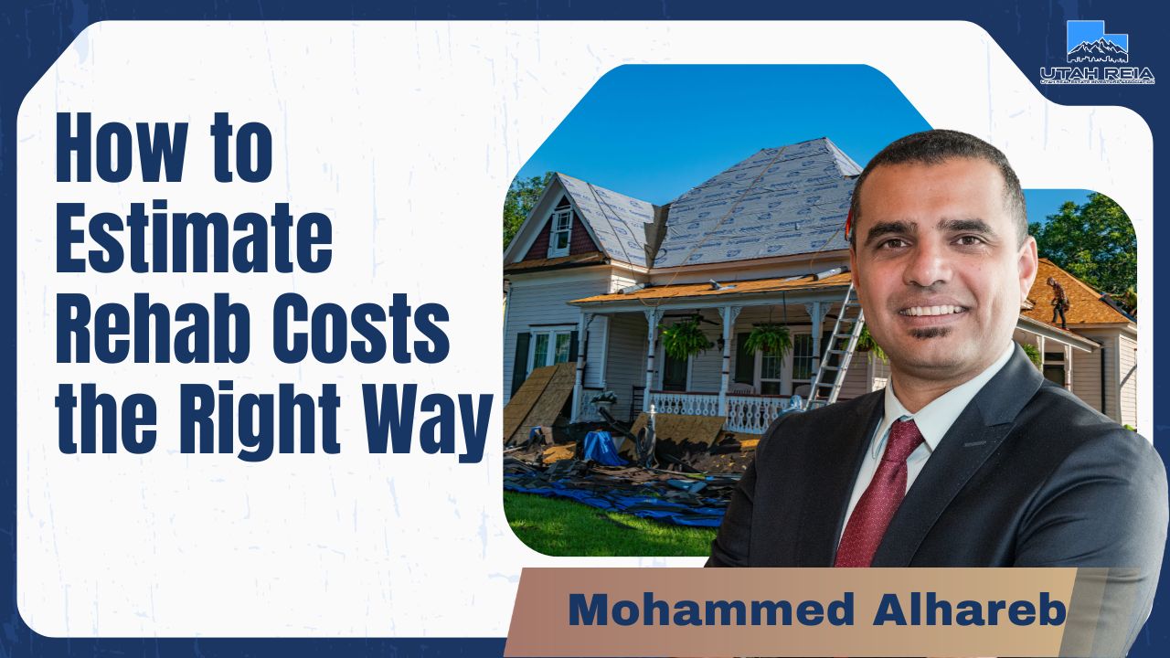 Mohammed Alhareb teaching rehab cost estimating for real estate investors at a Utah REIA virtual event, covering scope, systems, and repair budgets.