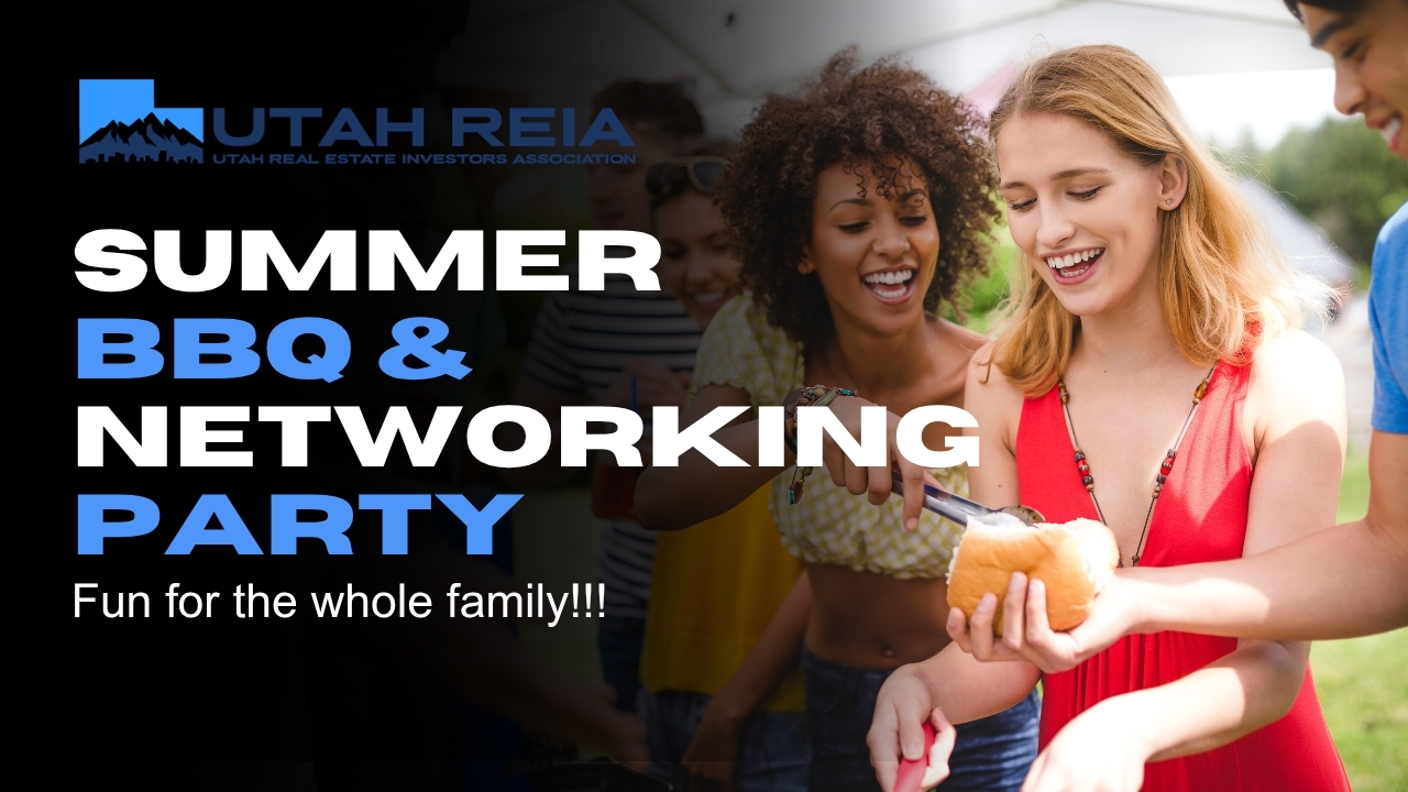 Investors networking at Utah REIA Summer BBQ at Sugar House Park, an outdoor real estate mixer with food, games, and community connection.