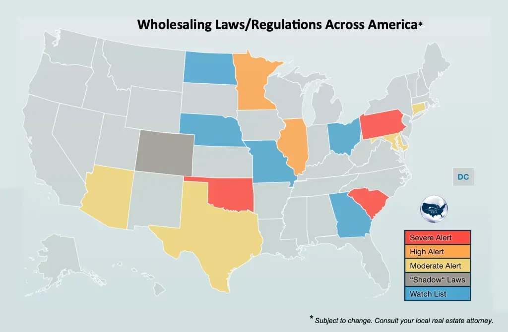 Map of U.S. states highlighting varying real estate wholesaling laws and regulations