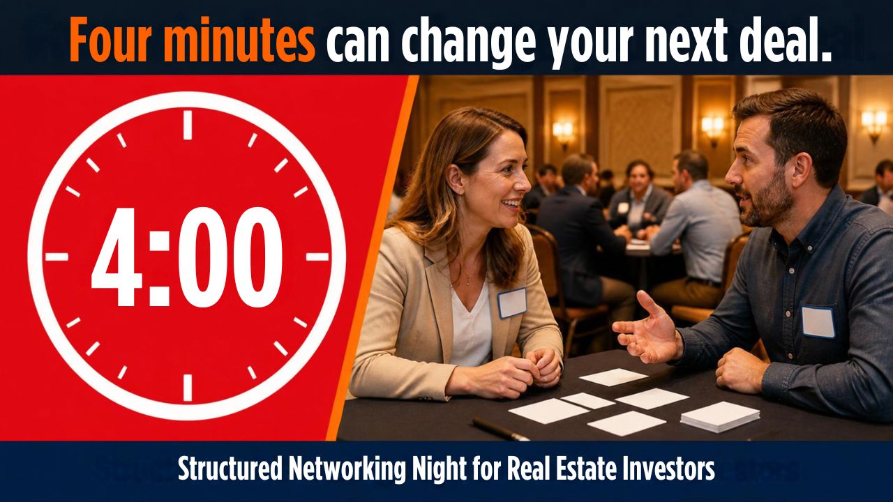 Two people talking across a table at Utah REIA's Structured Networking Night in South Jordan, with a 4:00 countdown clock and the headline "Four minutes can change your next deal."