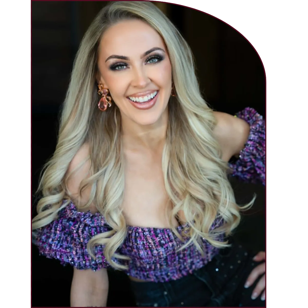Steph Noble wearing purple in photo shoot