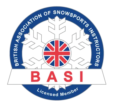 British Association of Snowsport Instructors (BASI) badge with a snowflake design and Union Jack in the centre, labeled 'ISIA' and 'Snowboard Level 3'.