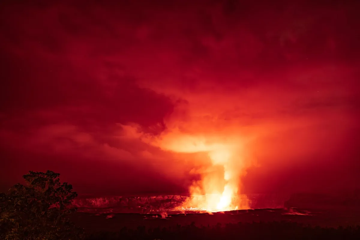 Volcano in Hawaii at night.