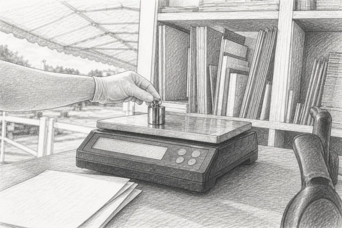 Sketch of close-up of postal scale and labels at CPU counter