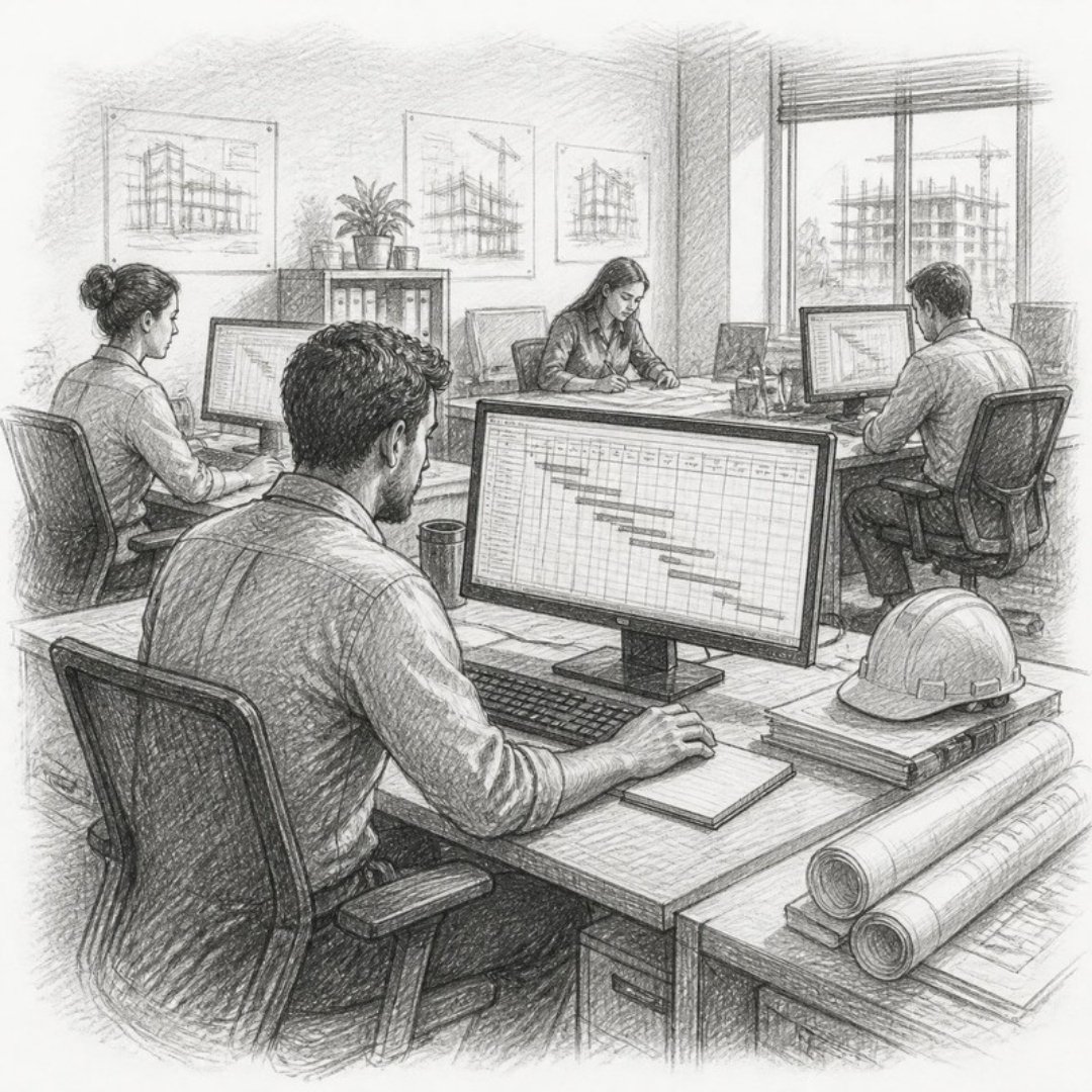 Sketch of a construction office team managing schedules on computer screens