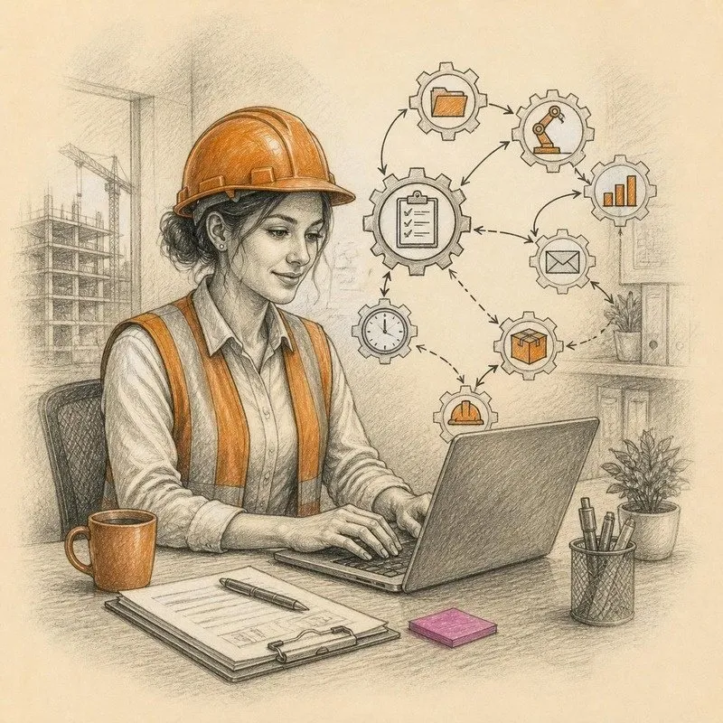 Pencil sketch of a construction office manager running automated workflows on a laptop
