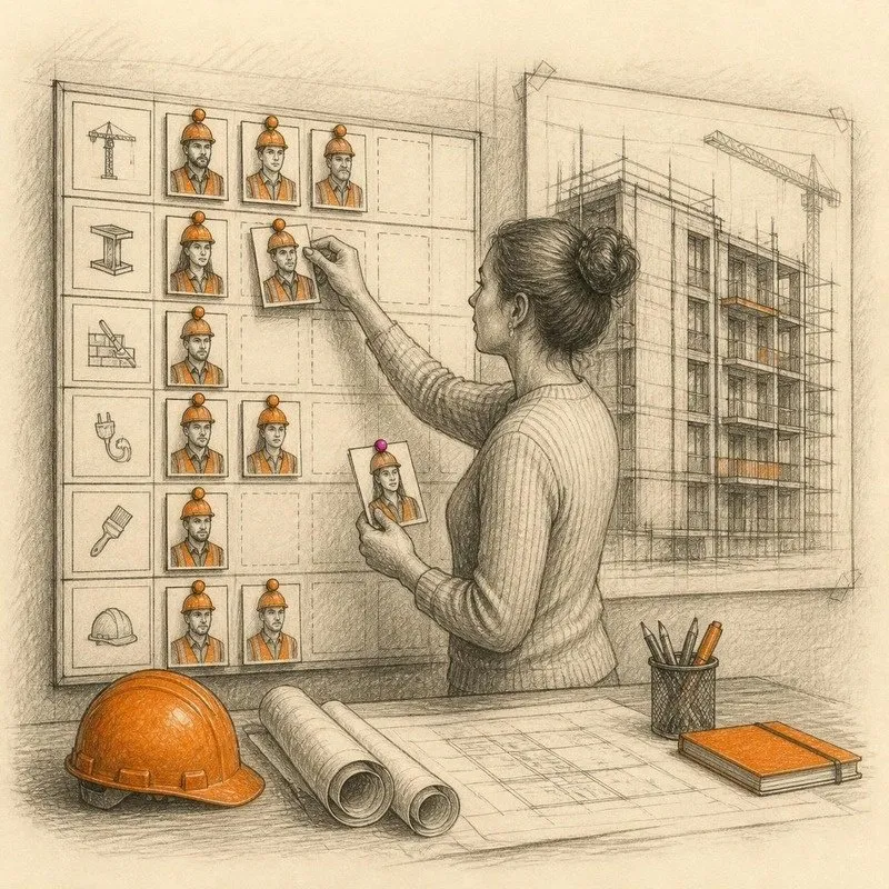 Pencil sketch of a recruiter matching worker profiles to a project staffing board