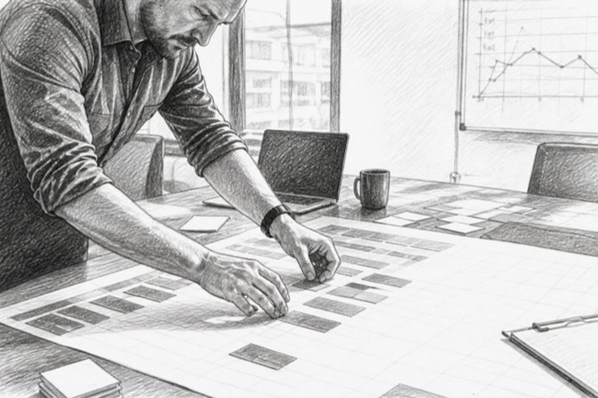 Sketch of hands arranging staffing schedule on construction office desk