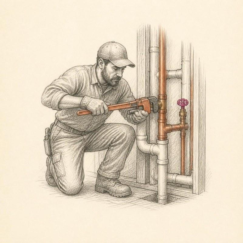 Pencil sketch of a plumber tightening a copper pipe fitting inside an open wall