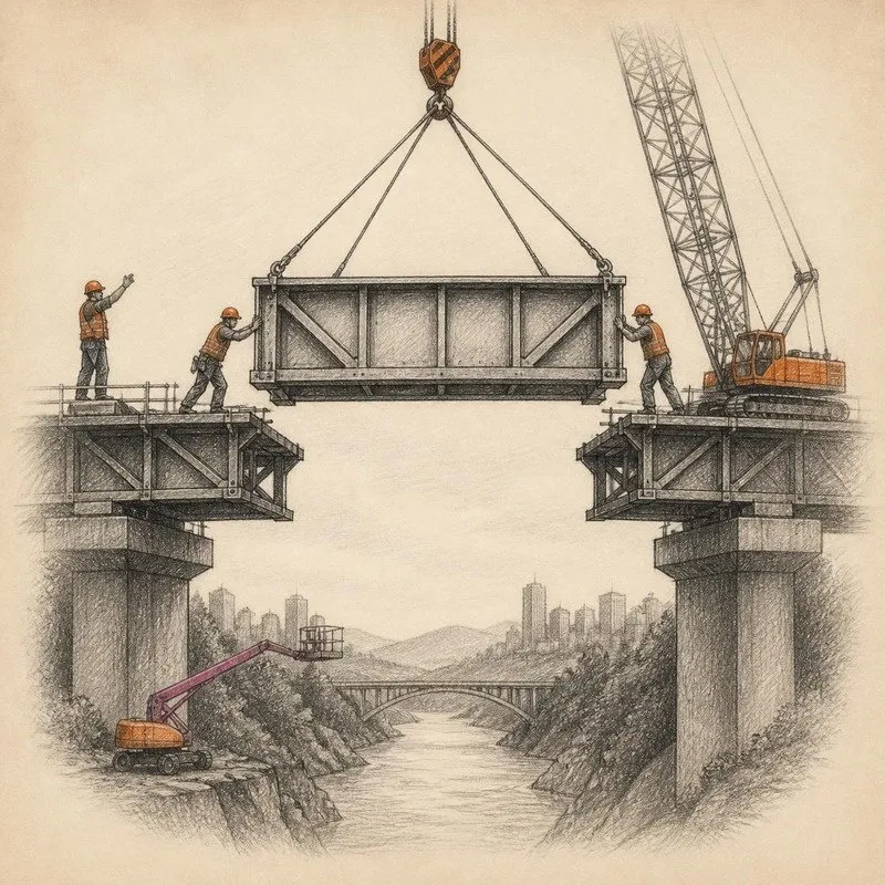 Pencil sketch of workers placing the final span of a steel bridge