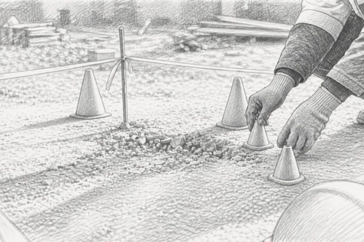 Sketch of hands setting up RCA scene on construction site