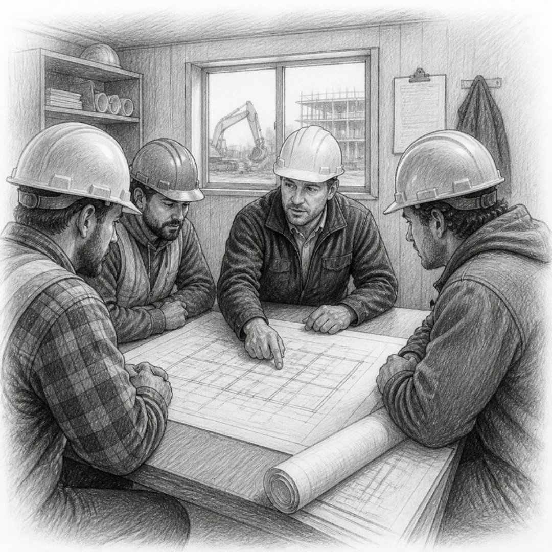 Sketch of a general contractor and subcontractors meeting over drawings in a job trailer