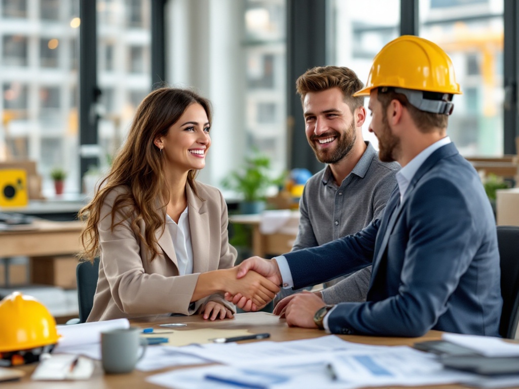 A professional photo of a woman and a man shaking hands in a construction-related setting. The background features a blend of an office environment with blueprints on a desk and a visible construction site through large windows, symbolizing trust, collaboration, and professionalism in the AEC industry.