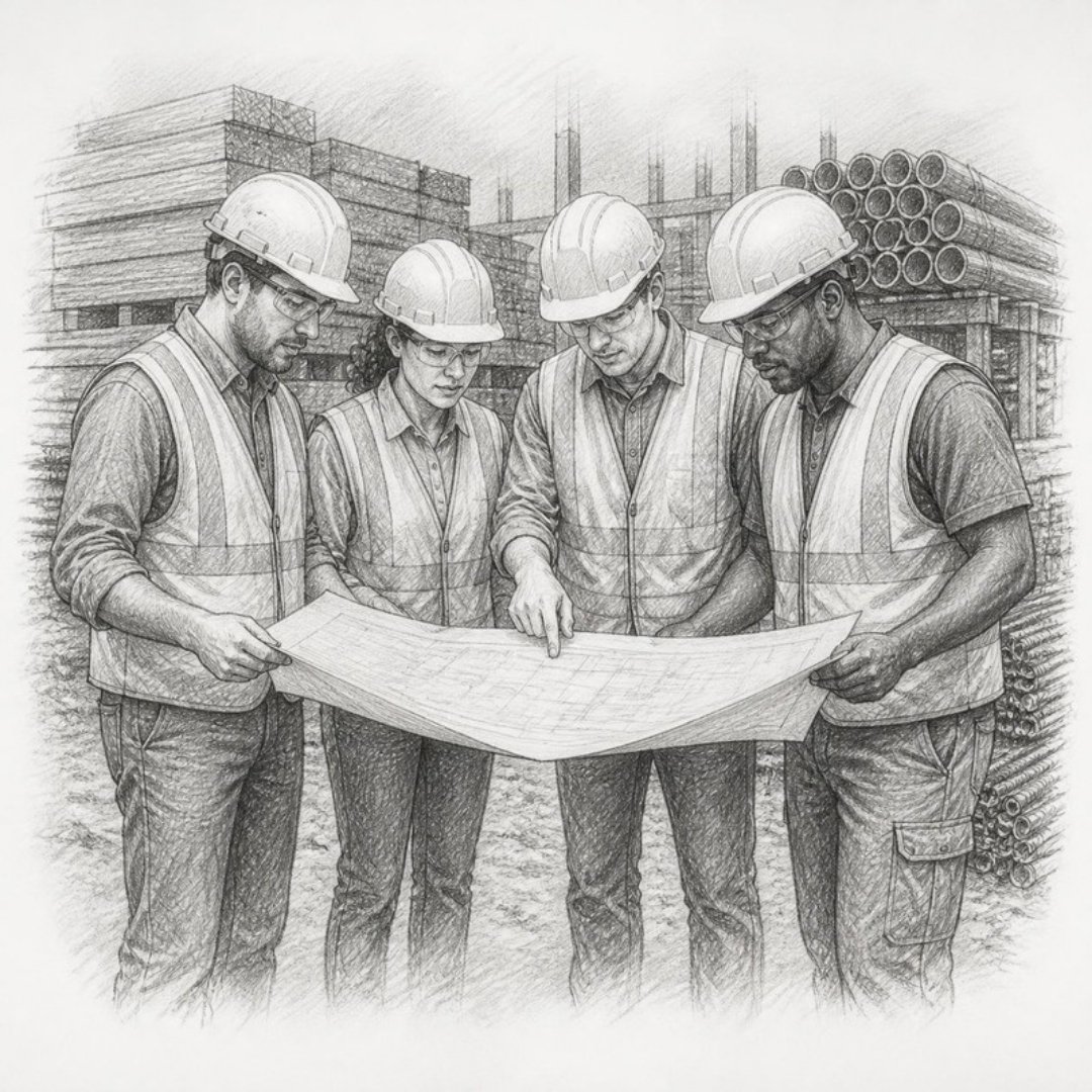Sketch of a field crew in hard hats reviewing plans with subcontractors on site
