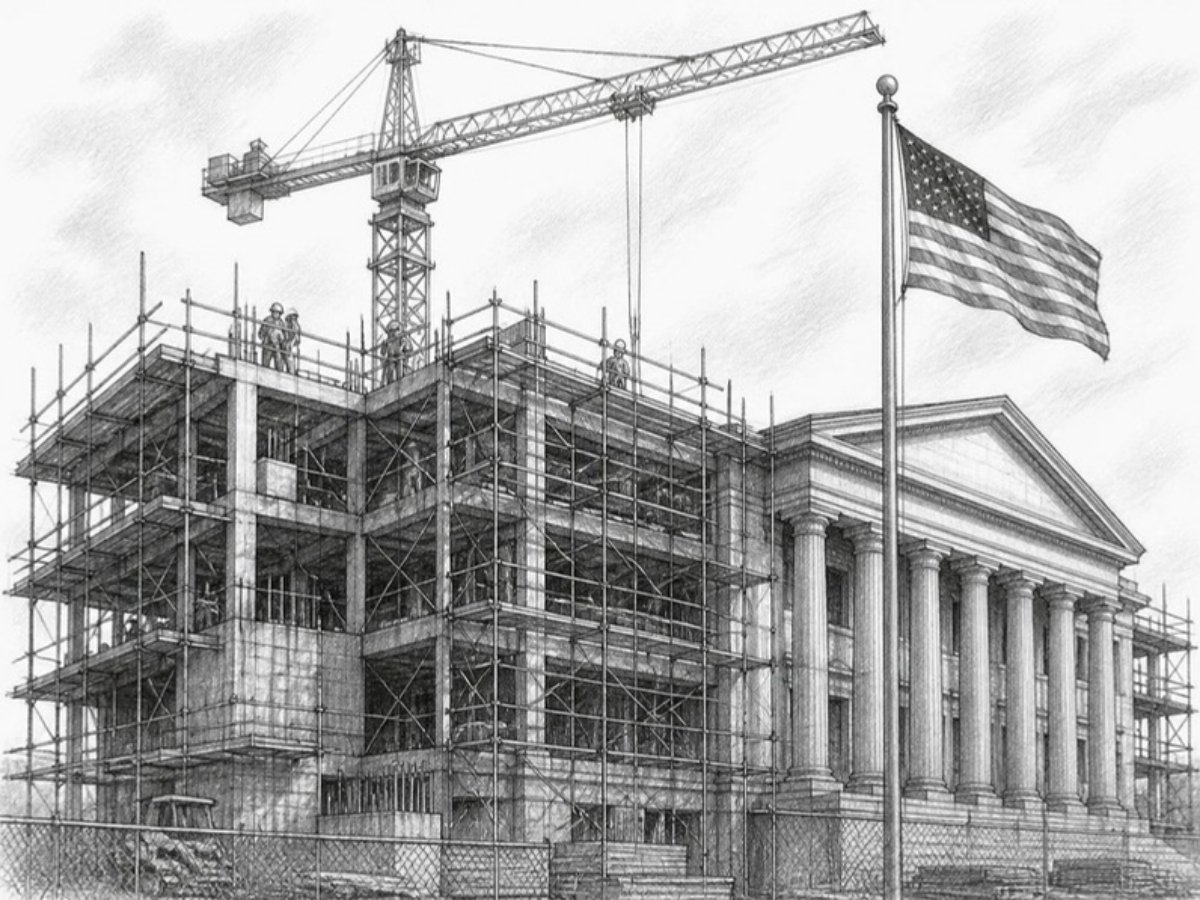 Sketch of a federal building under construction with scaffolding, a tower crane and an American flag
