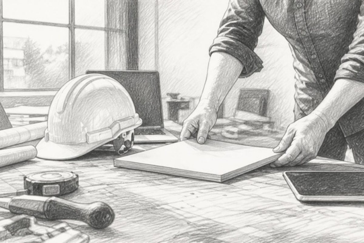 Sketch of hands handling contract documents on table