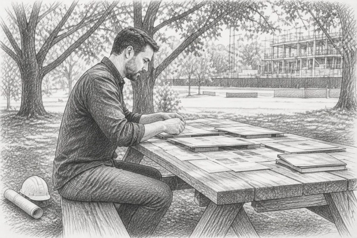 Sketch of hands building physical website model