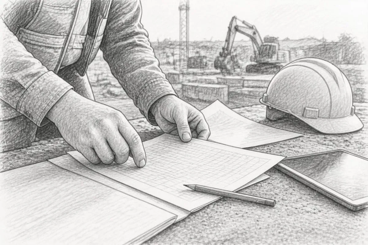Sketch of hands arranging staffing roster at construction site