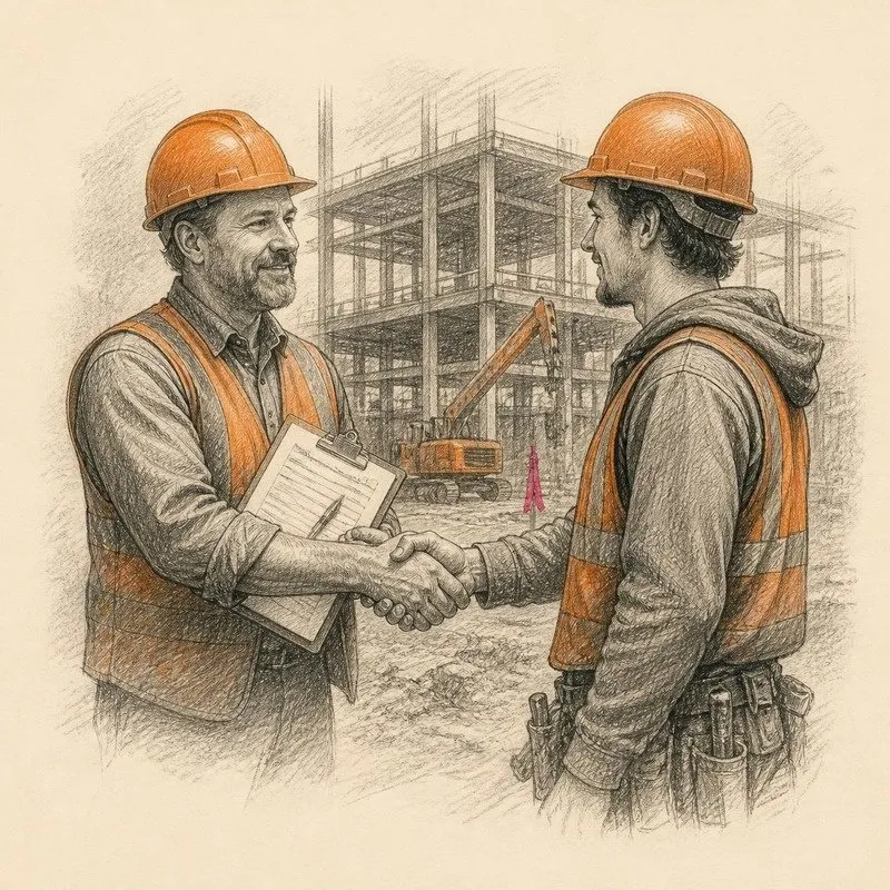 Pencil sketch of a superintendent shaking hands with a new hire on site
