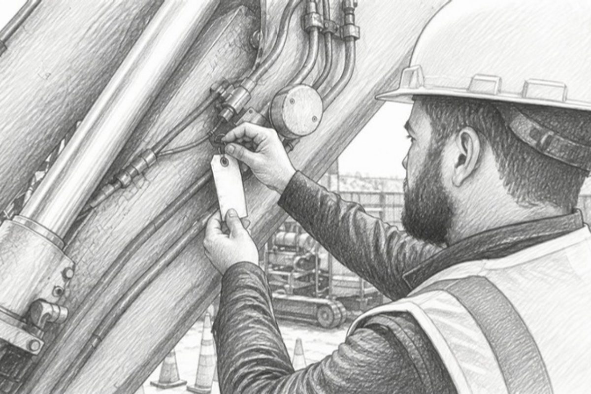 Sketch of inspector checking equipment maintenance tags