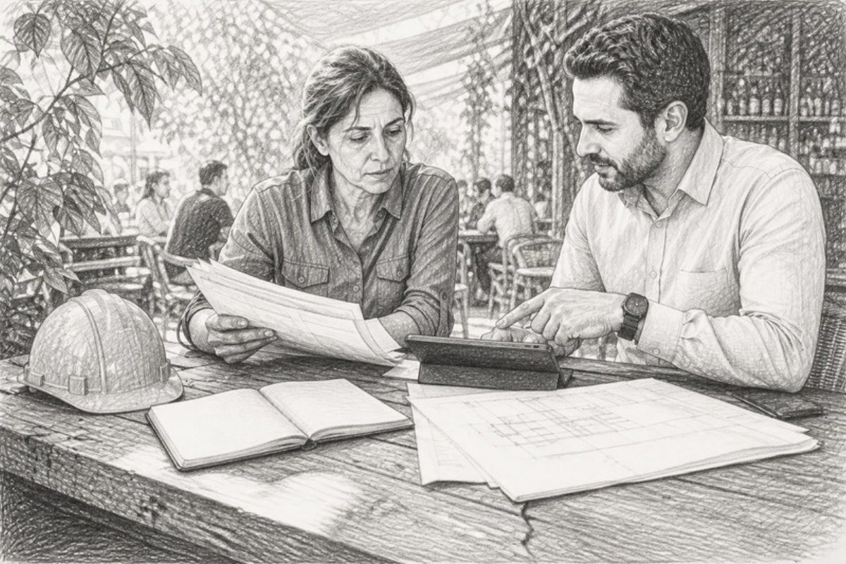 Sketch of project manager and staffing agent discussing estimator hiring