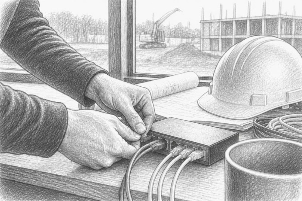 Sketch of hands connecting network cables on construction site desk