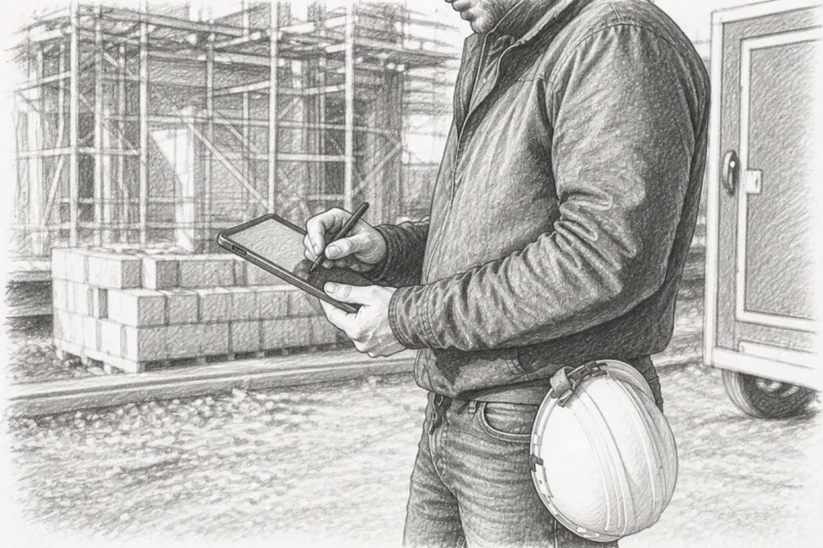 Sketch of construction manager recording metrics on tablet outdoors
