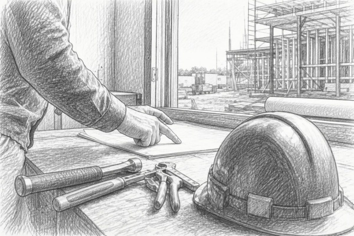 Sketch of contractor pointing at contract terms