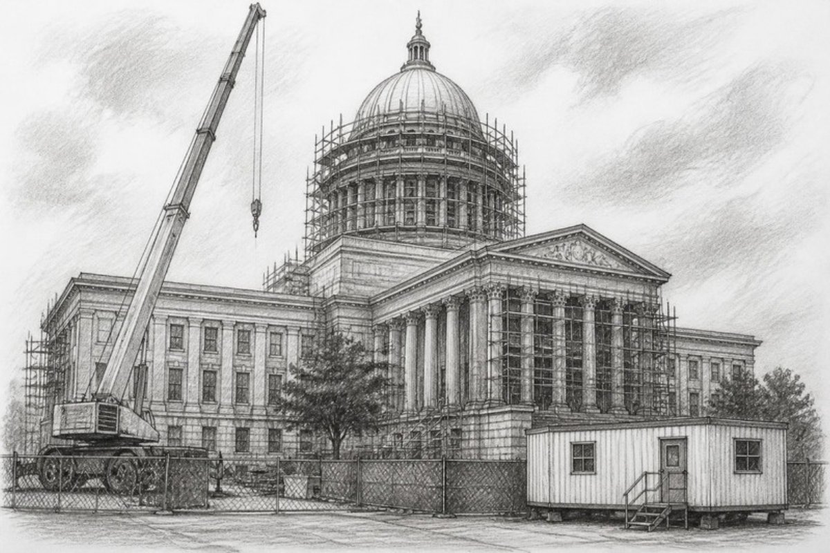 Sketch of a domed government capitol building under renovation with scaffolding and a crane