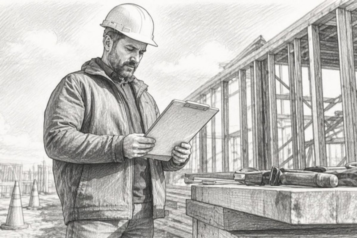 Sketch of project manager inspecting subcontractor docs at site