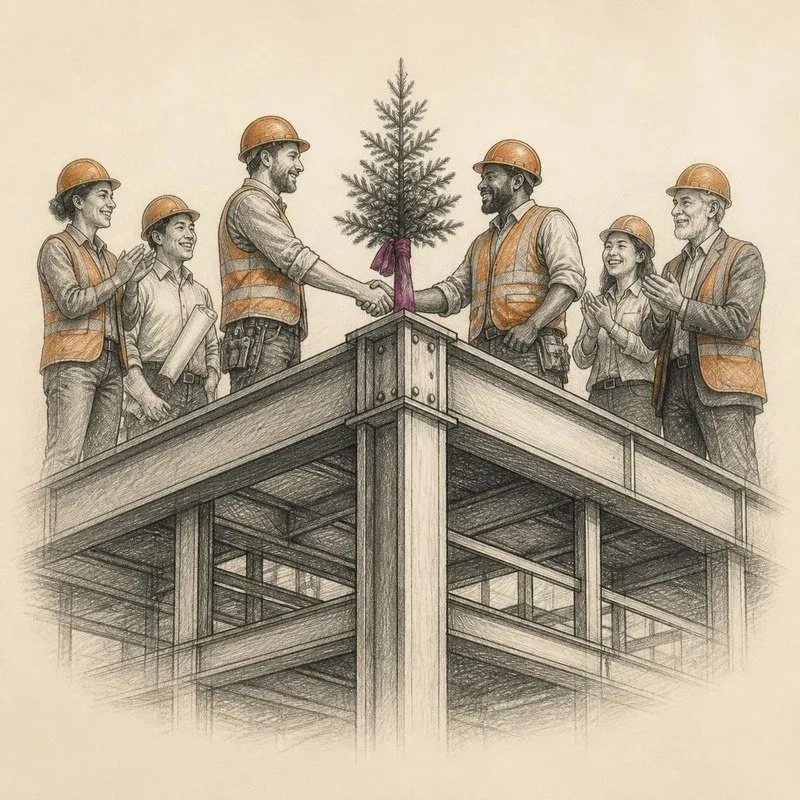 Pencil sketch of a project team celebrating a topping-out ceremony