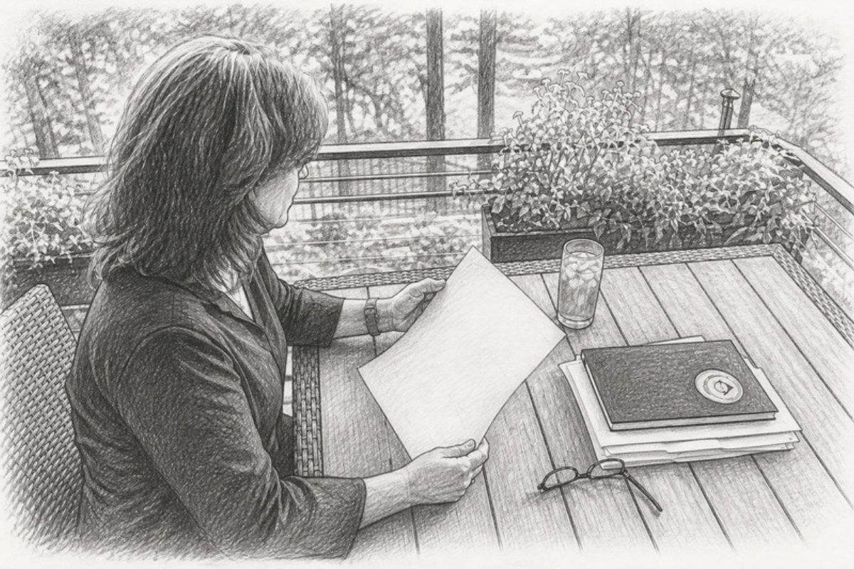 Sketch of project manager reviewing workflow documents