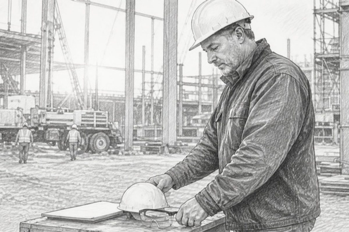 Sketch of veteran contractor preparing construction documents outdoors
